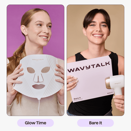 The two women are holding a Bare It and a Glow Time respectively, against different background colors.