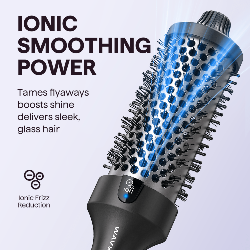 Black Blowout Boost Grande with bristle design on a light gray background, featuring text about ionic smoothing power.