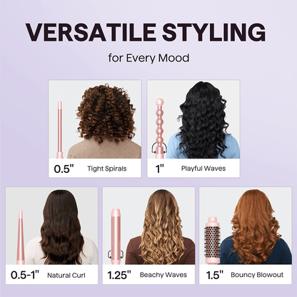 Pink Multi Curl 5-in-1 tools with different size settings and their effects on hair texture.