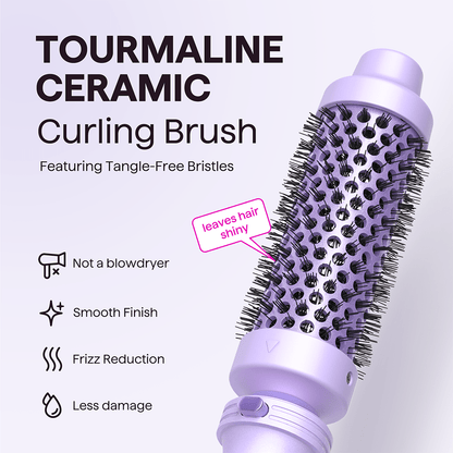 Purple Thermal Brush attachment from the Multi Curl 5-in-1 set, featuring a detailed benefits list for voluminous styling on a light purple background.