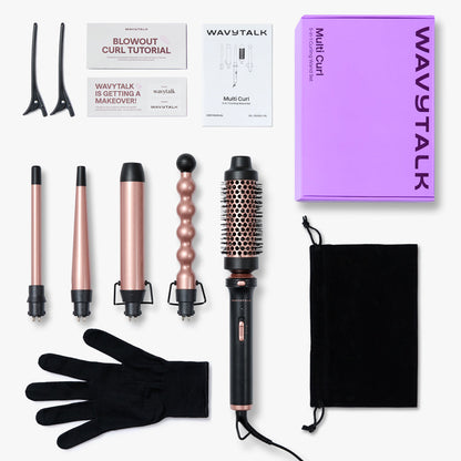 Hair styling tool set with rose gold Multi Curl, a glove, and a purple box labeled 'Wavytalk' on a white background.