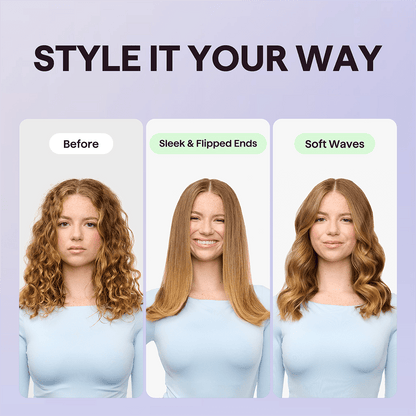 Gold Rose Sleek Sweep hair styling tool showing before and after styling options with the text "Style It Your Way" on a purple background.