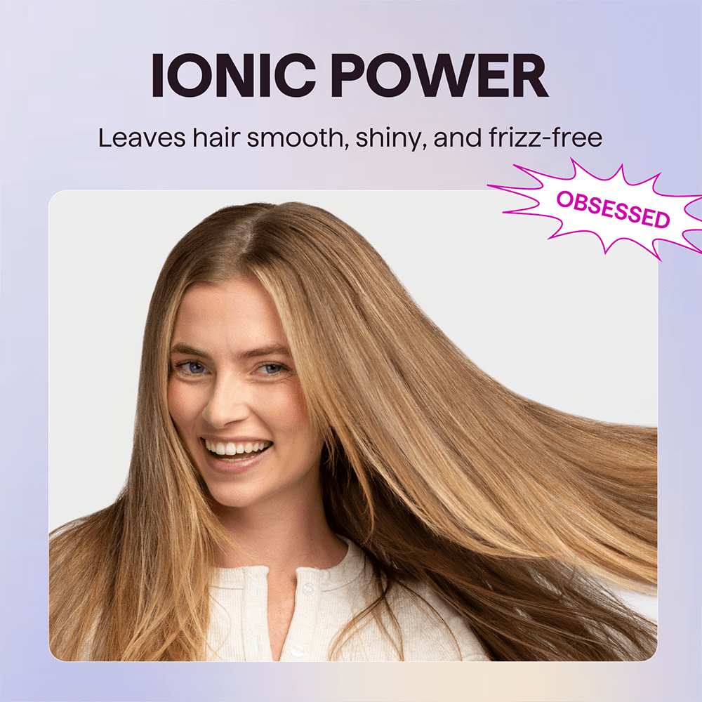 Woman with long, straight hair on a light purple background with text about Ionic Power hair treatment.