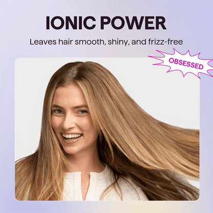 Woman with long, straight hair on a light purple background with text about Ionic Power hair treatment.