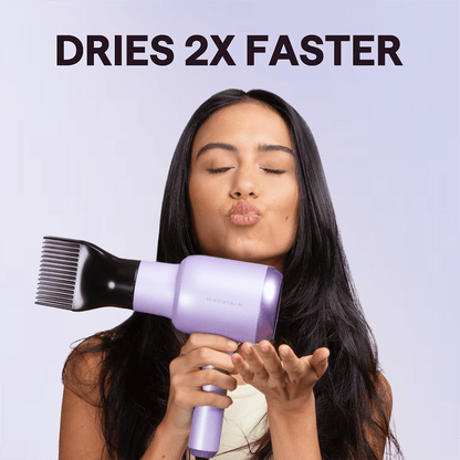 Woman using a purple Blown Away with text 'Dries 2X Faster' on a light purple background