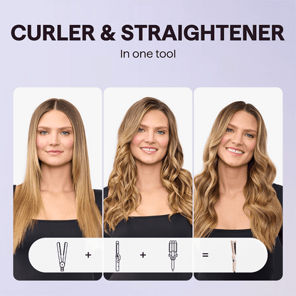 Three-stage hair transformation using the Pink Cool Curl styling tool, showing the step-by-step process from straight to wavy hair on a light purple background.