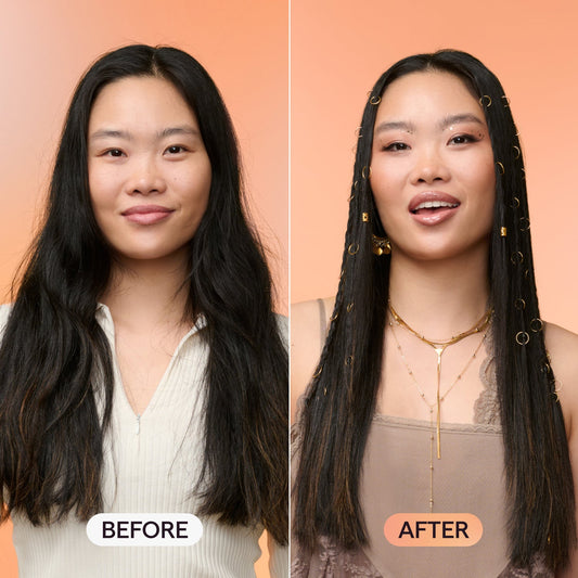 A hair transformation showing a woman with long dark wavy hair (before) and a sleek straightened look with gold hair rings and bohemian accessories (after)