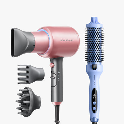 Rose Gold Blown Away and blue Blowout Boost display on a white background