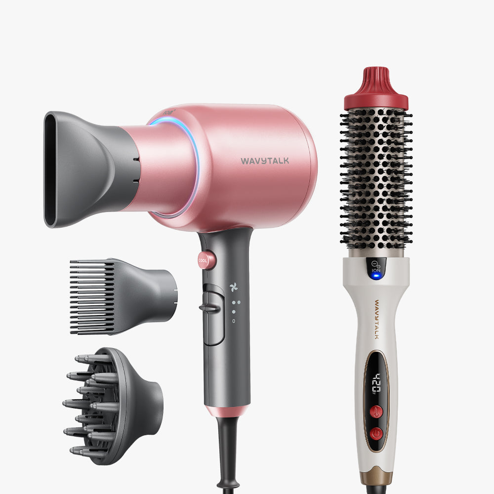 Rose Gold Blown Away and holiday LE Blowout Boost display on a white background