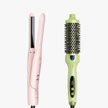 Pink Cool Curl Pencil and green Blowout Boost on a white background