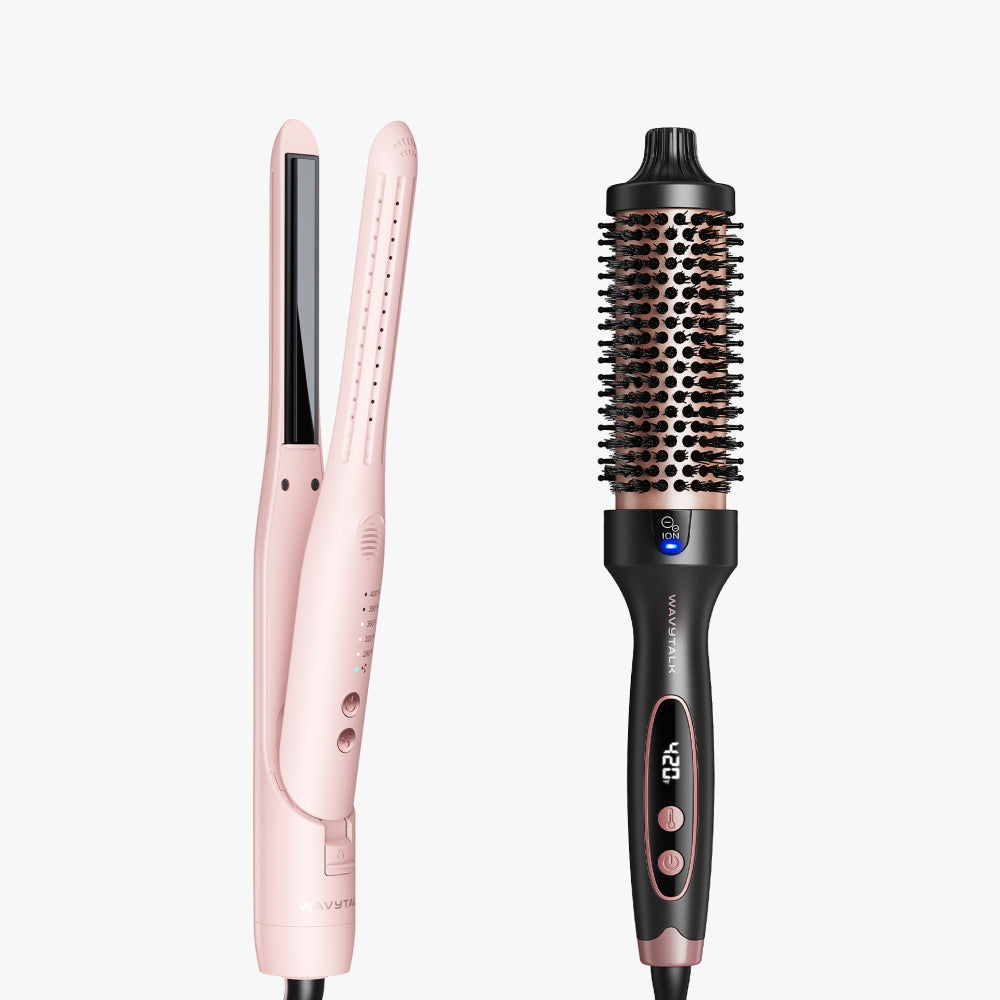 Pink Cool Curl Pencil and rose gold Blowout Boost on a white background