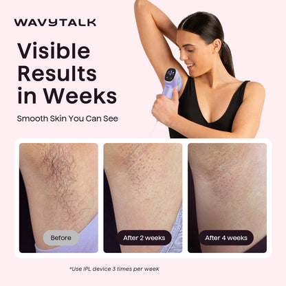 Woman using Wavytalk IPL device with before and after results on skin.