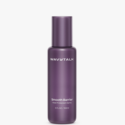 Purple bottle of WavyTalk Smooth Barrier Heat Protectant Spray on a white background